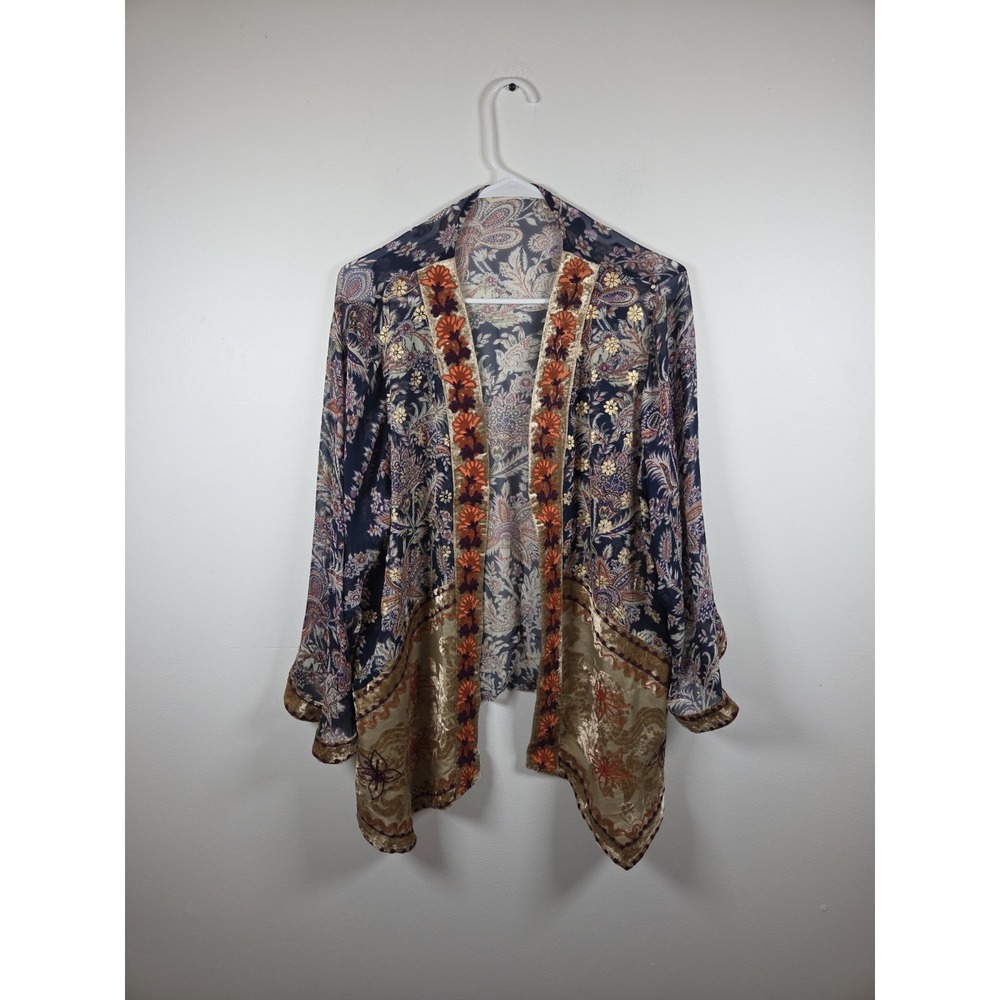 Soft Surroundings Petite Large PL Moonlight Garden Open Kimono Velvet Trim Boho